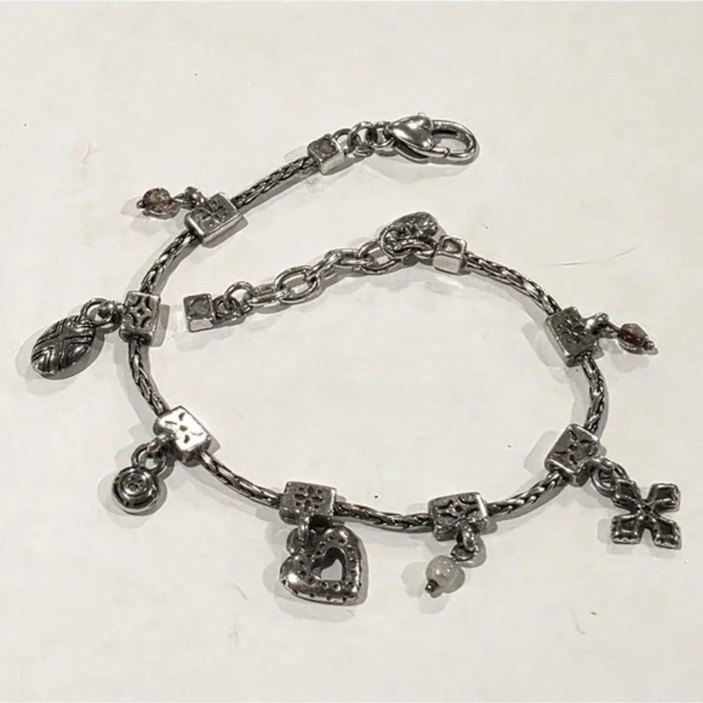 Brighton‎ Amber Heart Retired Vintage Cross Silver Plated Charm Bracelet